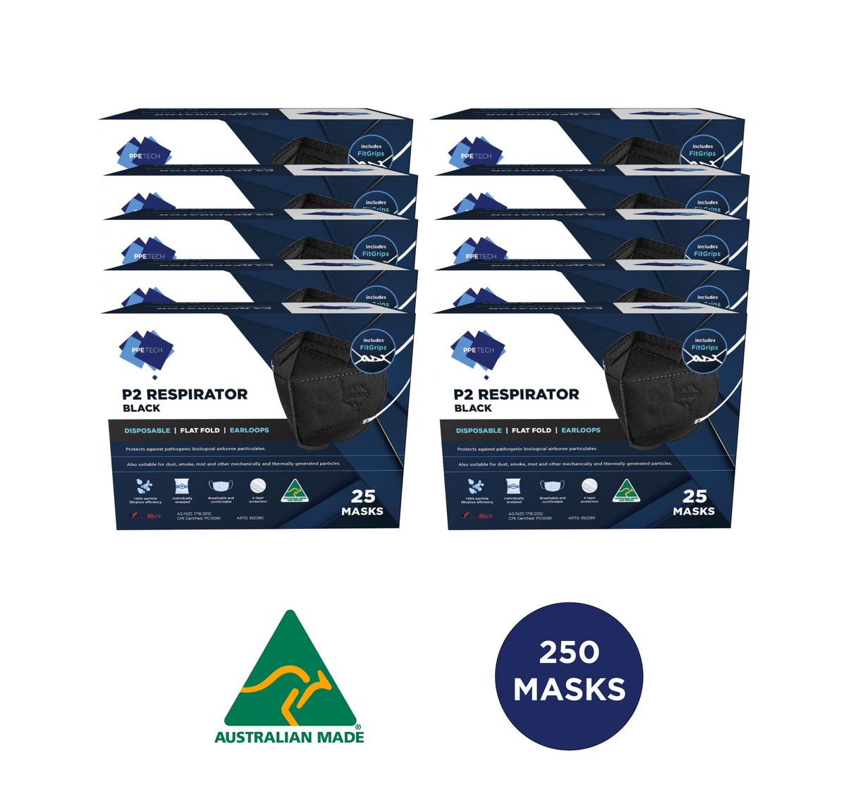 Australian Made Black P2 4-Layer Face Mask with Earloops - 250 Pack ...