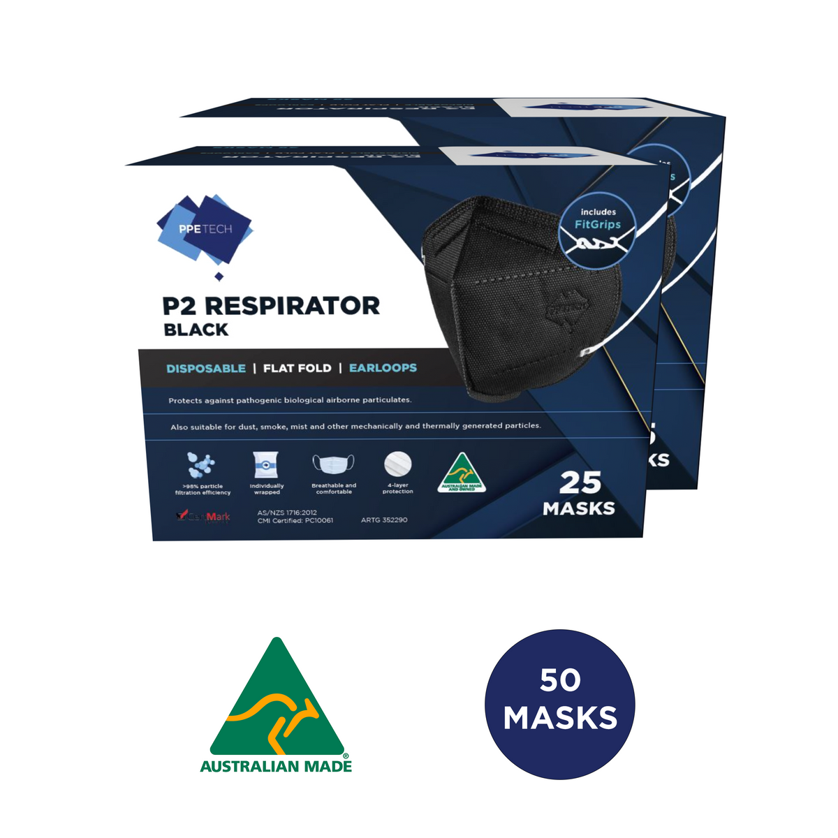 Australian Made Black P2 4Layer Face Mask with Earloops 50 Pack