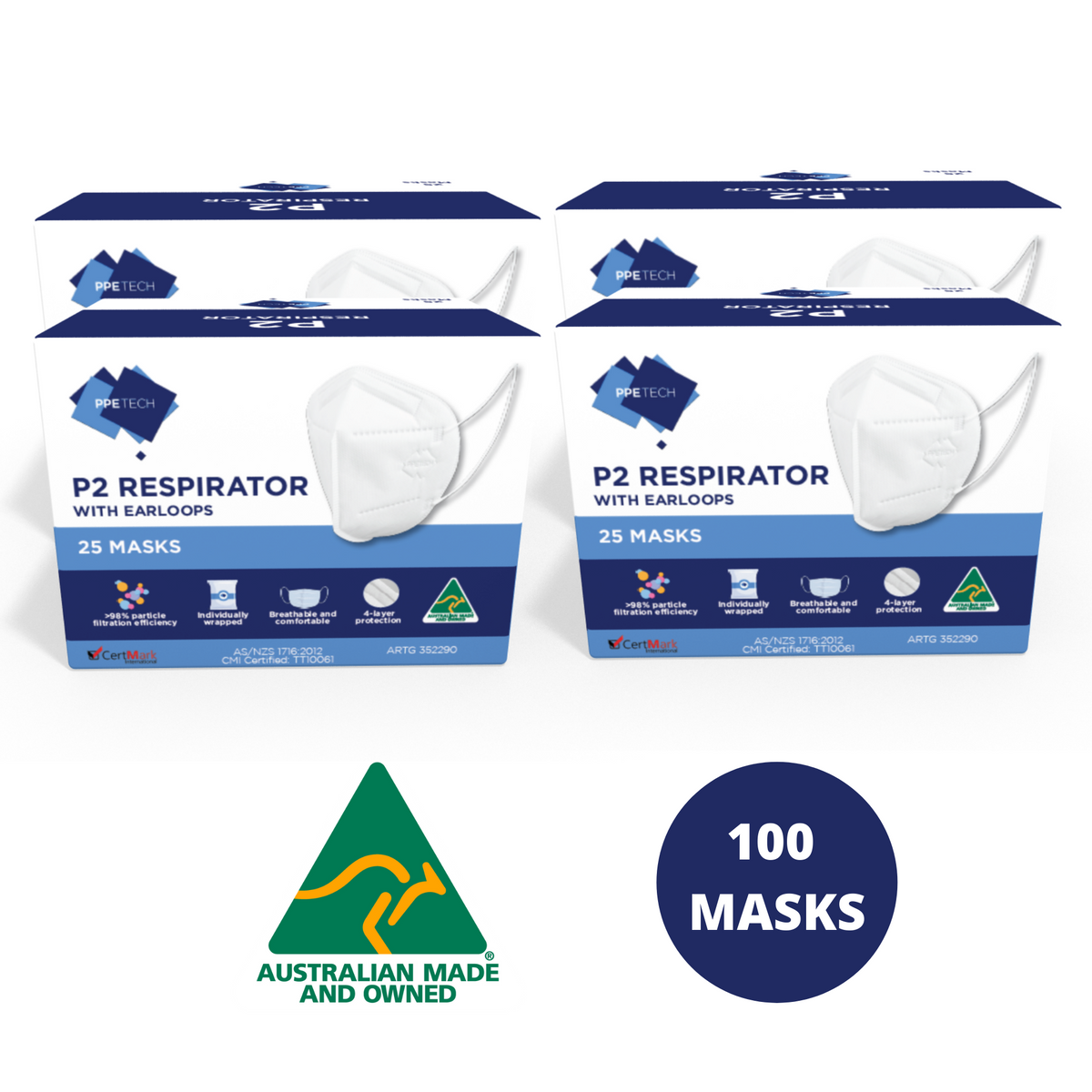 Australian Made 4Layer Face Mask with Earloops 100 Pack PPE Tech I