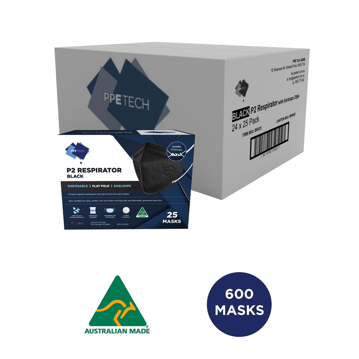 Australian Made Black P2 4-Layer Face Mask with Earloops - 600 Carton ...